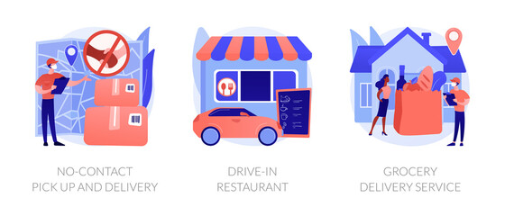 Safe way to get food and essentials abstract concept vector illustration set. No-contact pick up and delivery, drive-in restaurant, grocery delivery service in covid-2019 quarantine abstract metaphor.