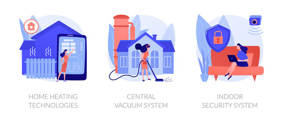 Home technologies abstract concept vector illustration set. Home heating, central vacuum system, indoor security, smart house appliance automation, mobile application, household abstract metaphor.