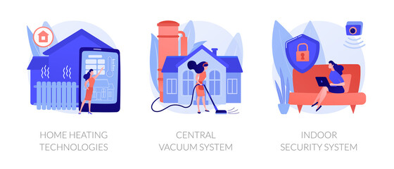 Fototapeta premium Home technologies abstract concept vector illustration set. Home heating, central vacuum system, indoor security, smart house appliance automation, mobile application, household abstract metaphor.