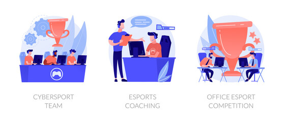 E-games tournament abstract concept vector illustration set. Cybersport team performance, esports coaching, office esport competition, computer club, battle arena, live streaming abstract metaphor.