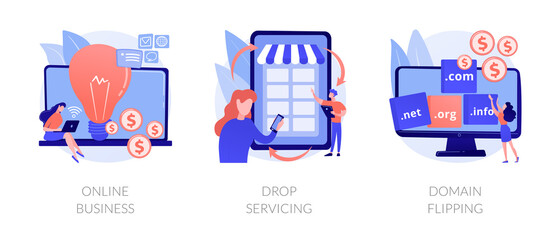 Online business abstract concept vector illustration set. Drop servicing, domain flipping, business opportunity, outsource, drop shipping, web hosting, social media sales, promotion abstract metaphor.
