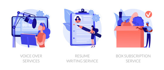 Online based jobs abstract concept vector illustration set. Voice over services, resume writing, box subscription, audio and video production, CV online, box delivery startup abstract metaphor.