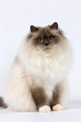 Blue Birmanese Domestic Cat, Adult sitting against White Background