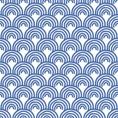 vector blue ethnic circle wave lines seamless pattern on white