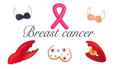 Breast cancer set isolated on white background. Cancer claw, bras and chest with pink ribbon. Cancer with breast and inscriptionr. Illustration in cartoon style for awareness month.