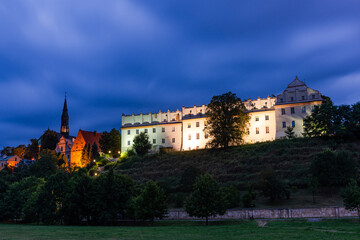 Fototapeta na wymiar Sandomierz Town in Poland Old Town Panoramic Cityscape. Gothic Cathedral nad Royal Castle.