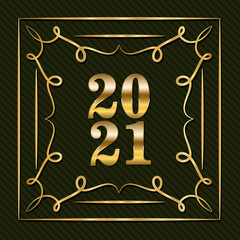 2021 in ornament gold frame on green background design, Welcome celebrate greeting card happy decorative and celebration theme Vector illustration