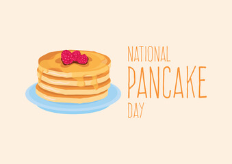 National Pancake Day vector. Pancakes with syrup and raspberries vector. Pile of pancakes on a plate icon. Important day