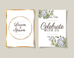 two wedding invitations with gold frames flowers and leaves on gray background design, Save the date and engagement theme Vector illustration