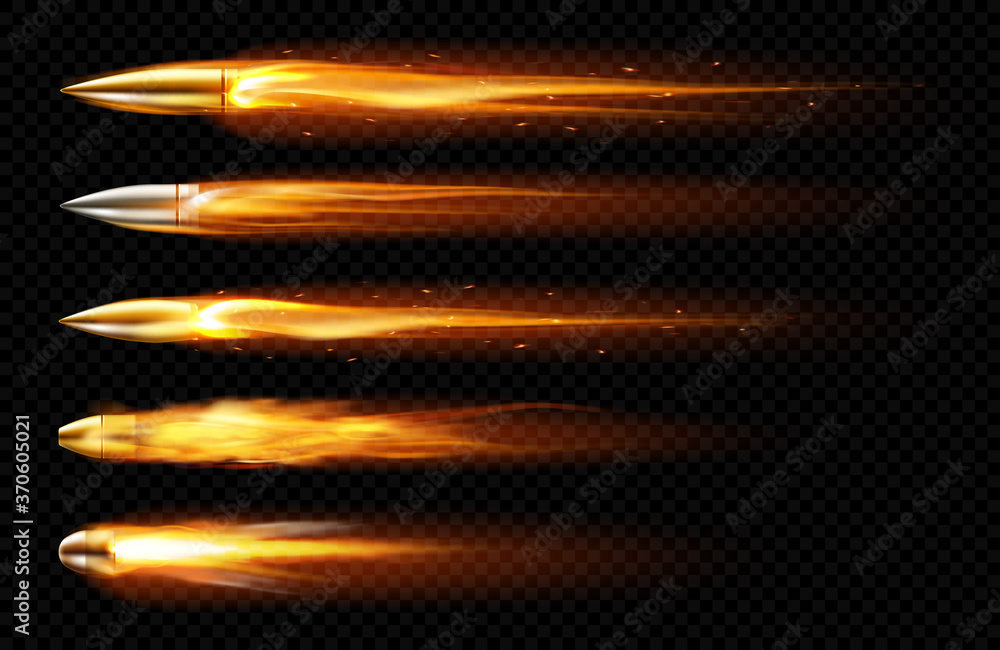 Poster flying bullets with fire and smoke traces. vector realistic set of fired bullets different calibers 