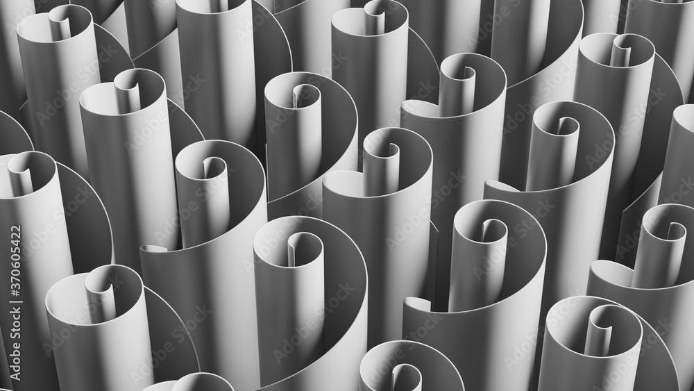 Poster 3d abstract render with twisted geometry. white monocrome colored curve shape with texture.