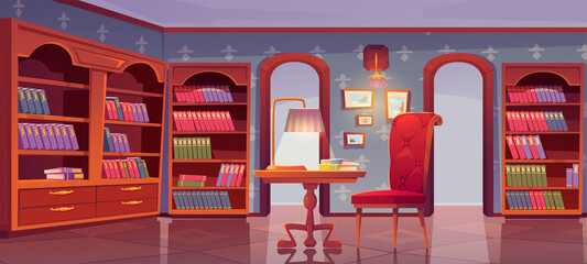Vip library, luxury interior, empty room for reading with books stand on wooden bookcase shelves, cozy armchair and table with glowing lamp in center of athenaeum place. Cartoon vector illustration © klyaksun