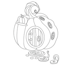 Coloring book vector  Halloween outline pumpkin house illustration. Isolated object on white background for adults and children