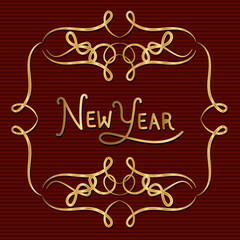 new year in ornament gold frame on red background design, Welcome celebrate greeting card happy decorative and celebration theme Vector illustration
