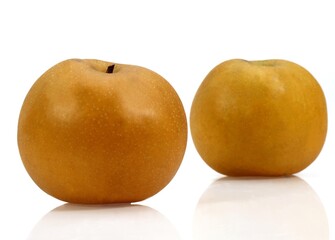 Nashi Pear, pyrus pyrifolia, Fruits against White Background
