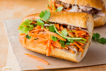 Bánh mì or banh mi, Vietnamese word for bread. Traditional classic Vietnamese cuisine. Baguette with pate, pulled pork, jalapenos, cilantro, carrots cucumbers and spicy sauce.