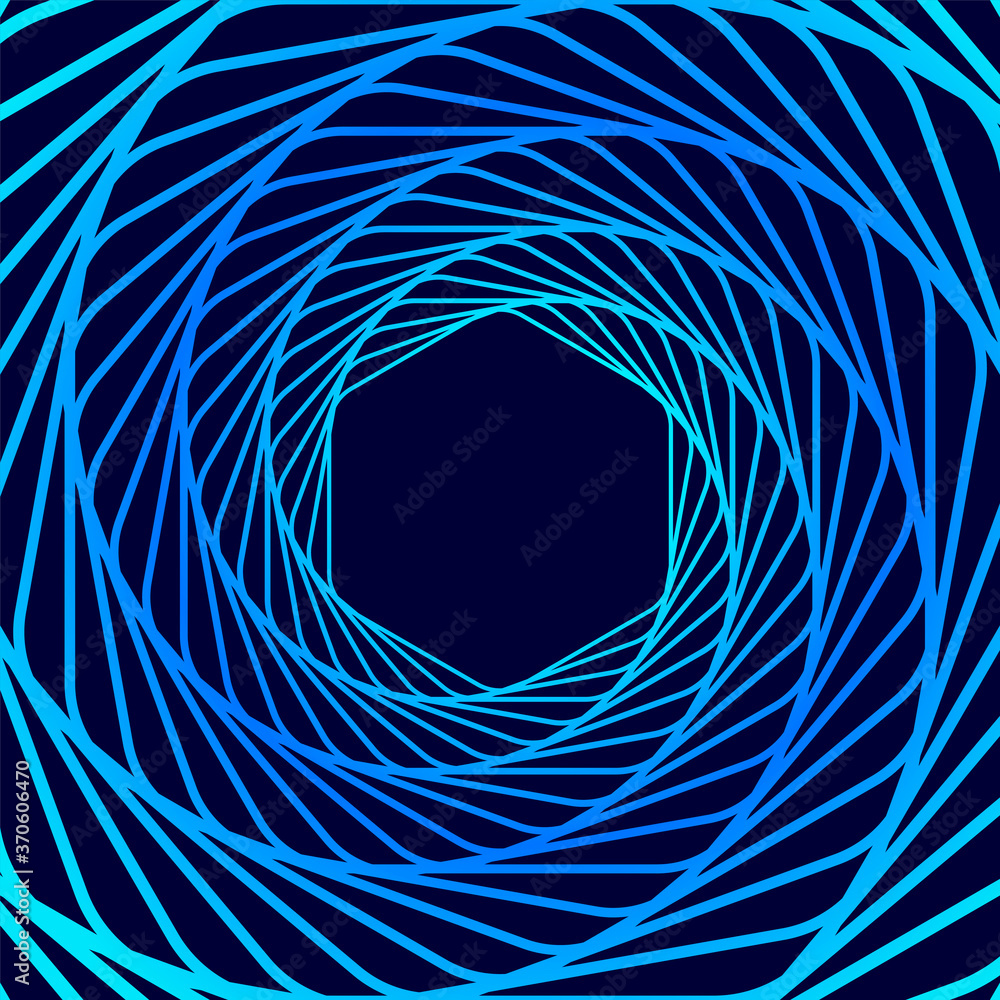 Poster twisted colored spiral. wireframe hexagon shape. vector technology tunnel.