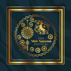 Mid autumn festival with rabbit hanger and seal in gold frame on blue background design, Oriental chinese and celebration theme Vector illustration