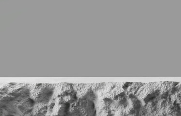 3D white stone podium display with copy space gray background. Cosmetics or beauty product promotion mockup.  Natural rough grey rock step pedestal. Trendy minimalist banner, 3D render illustration.