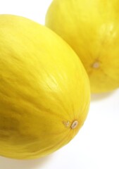 Yellow Spanish Melon, cucumis melo, Fruits against White Background