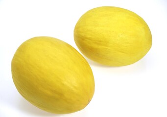 Yellow Spanish Melon, cucumis melo, Fruits against White Background