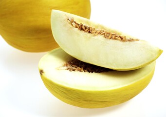 Yellow Spanish Melon, cucumis melo, Fruits against White Background