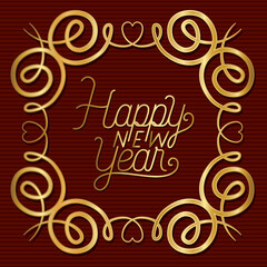 Happy new year in ornament gold frame on red background design, Welcome celebrate greeting card happy decorative and celebration theme Vector illustration