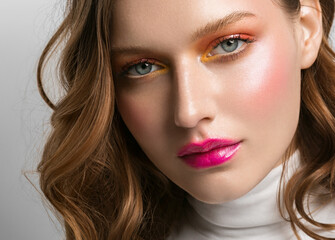Coorful make up woman fashion beauty hairstyle close up face portrait