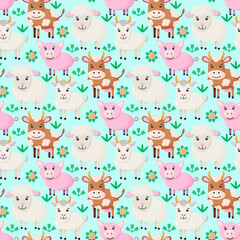 Farm animals seamless pattern. Collection of cartoon cute baby animals. goat, pig, sheep, cow. 