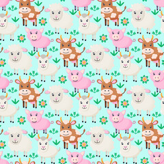 Farm animals seamless pattern. Collection of cartoon cute baby animals. goat, pig, sheep, cow. 