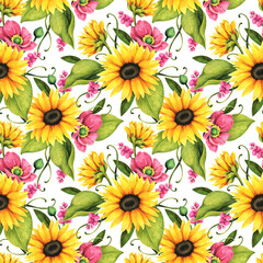 Floral seamless pattern with decorative sunflowers, poppies and leaves.