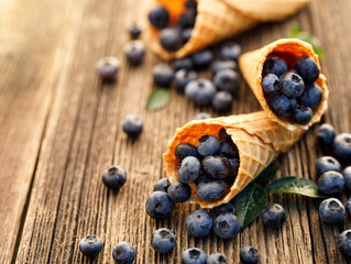 Fresh blueberries in waffle cones on a rustic wooden background close up view