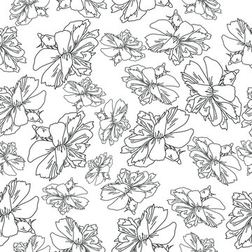 Outline flower seamless pattern, black line art on a white background, vector hand draw illustration for design and creativity