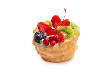 Home made cake with cream and fruits isolated.