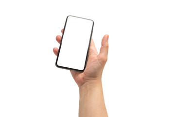 Smart phone in man hand isolated on white background.  White screen.