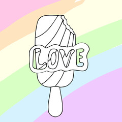 Vector collection of LGBTQ community symbols with pride flags, rainbow colored. Hand written pride, love, peace lettering with rainbow. Gay parade slogan drawn by lines. LGBT 