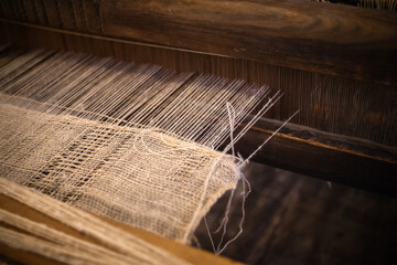 Closeup of an old traditional Sardinian Weaving Loom with Wool Yarn