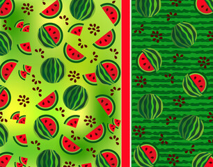 Fruit pattern of slices of watermelon, its seeds on the original background with the texture of watermelon. 