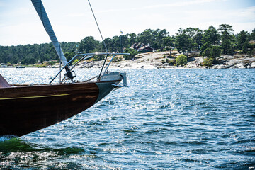 bow on classic wood yacht