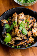 Grilled chicken. BBQ Chicken grilled in garlic and butter. Chicken, fried & served w/ bbq side dishes, organic vegetables and dressed in olive oil. Classic American outdoor grill entree favorite.