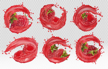 3D realistic fresh raspberry on with splash liquid on transparent background. Red juice raspberry. Summer berries closeup. Detailed vector Illustration