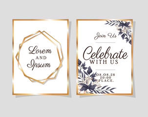 two wedding invitations with gold frames flowers and leaves on blue background design, Save the date and engagement theme Vector illustration