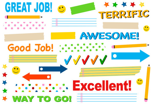 Encouragement washi tape, icons, and symbols. Semi-transparent masking tape or adhesive strips. EPS file has global colors for easy color changes. Words of encouragement. Back to school. 