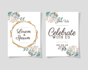 two wedding invitations with gold frames flowers and leaves on blue background design, Save the date and engagement theme Vector illustration