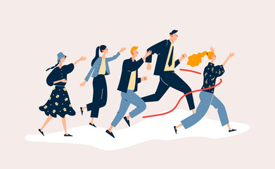 Office workers or clerks crossing finish line and tearing red ribbon. Concept of people taking part in professional competition, rivalry at work. Modern flat cartoon  illustration.