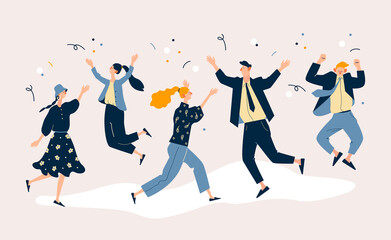 Happy office workers rejoice in victory or a lucrative deal. Happiness, joy expression. Modern flat cartoon illustration. - obrazy, fototapety, plakaty