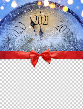 Countdown to midnight. Retro style clock is counting last moments before Christmas or New Year 2020 on blank transparent background, clipping path provided. View from above.