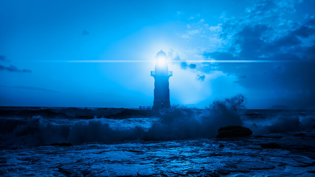Night sky with lighthouse "Elements of this image furnished by NASA