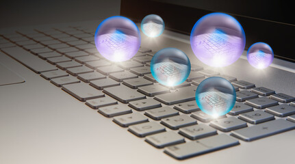 Close up of female hands typing on laptop keyboard with many air soap bubble