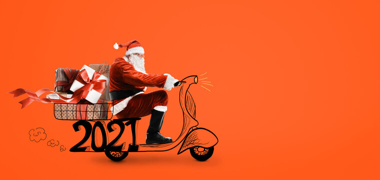 Santa Claus on scooter delivering Christmas or New Year 2021 gifts at orange background